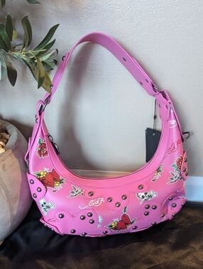 NWT Ed Hardy Studded Hobo Shoulder Bag - Skulls & Hearts - Pink